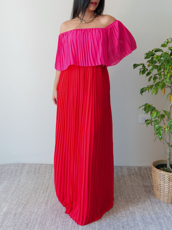 Pleated Flowy Dress/Pink and Red Maxi Dress - Additional view