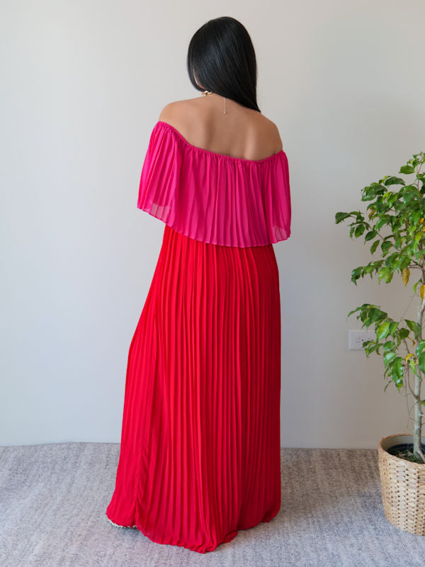 Pleated Flowy Dress/Pink and Red Maxi Dress - Back view