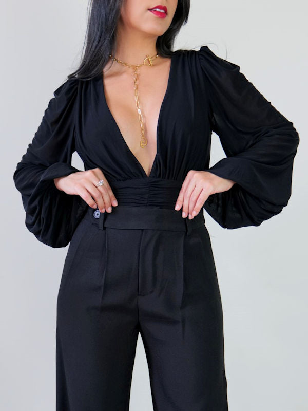Black Plunge Bodysuit/Long Sleeve Black Plunge Bodysuit - Close Up