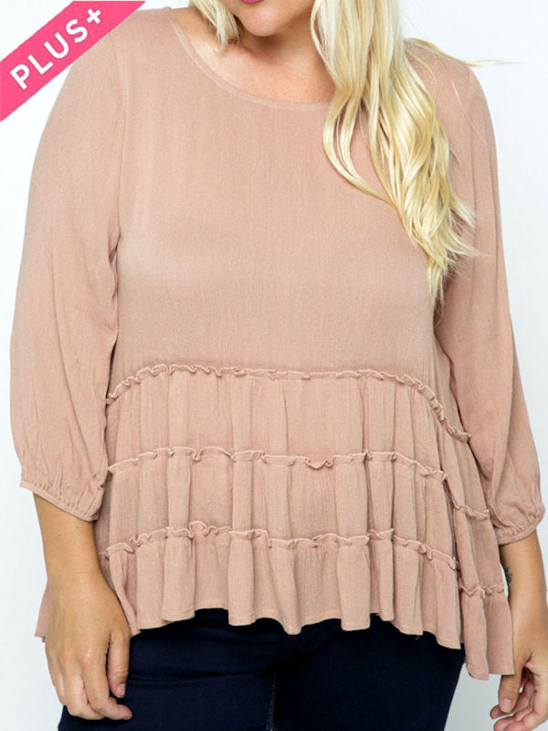 Plus Size Taupe Tiered Blouse - Front view