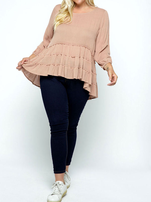 Plus Size Taupe Tiered Blouse - Complete view