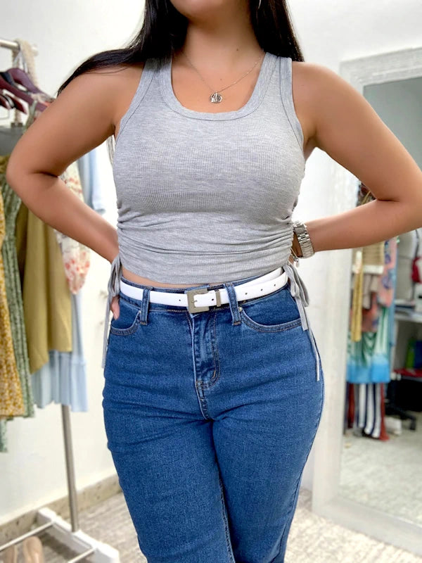 Gray ruched tank top for women. 