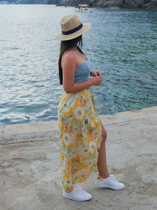 Satin Floral Midi Skirt in Yellow and Mint