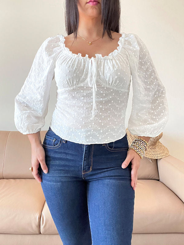 White Eyelet Top with Sleeves - Front view