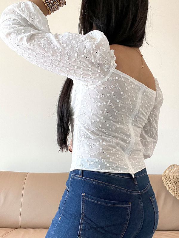 White Eyelet Top with Sleeves - Side view