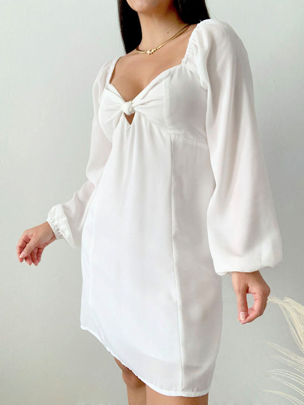 White Sweetheart Neckline Dress/White Short Dress with Sleeves - Side view