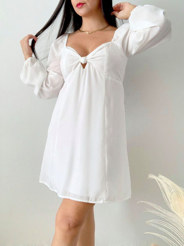 White Sweetheart Neckline Dress/White Short Dress with Sleeves - Front view