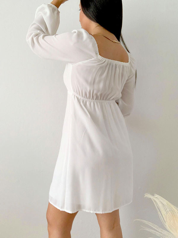 White Sweetheart Neckline Dress/White Short Dress with Sleeves - Back view