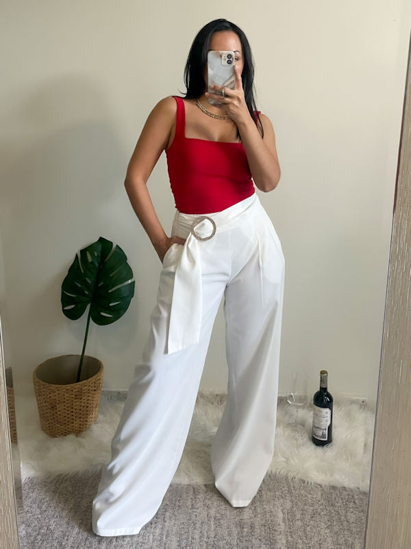 White Wide Leg Pants/White Palazzo  - Image with red top