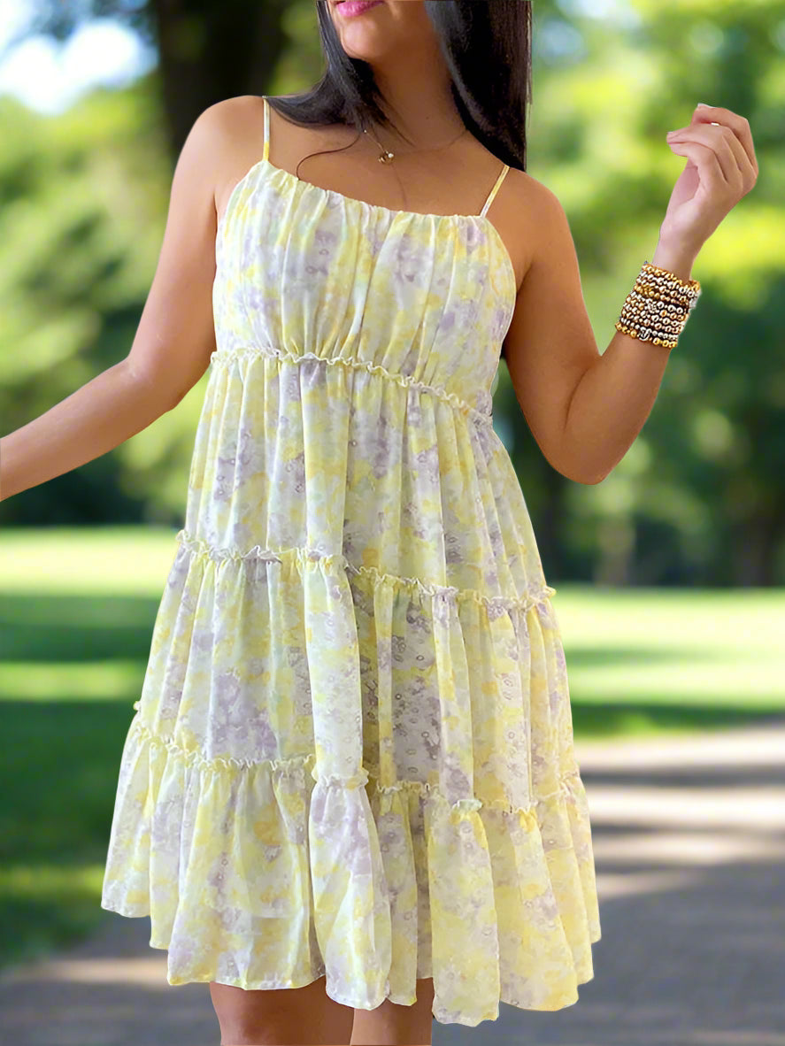 Yellow Dress Purple Flowers | Flowy Floral Yellow Dress Purple Flowers | Flowy Floral