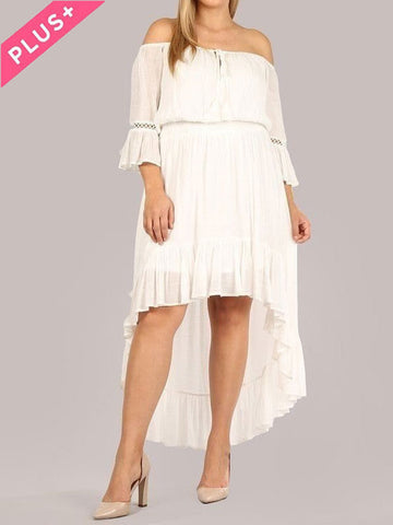 Plus Size Off Shoulder High Low White Dress