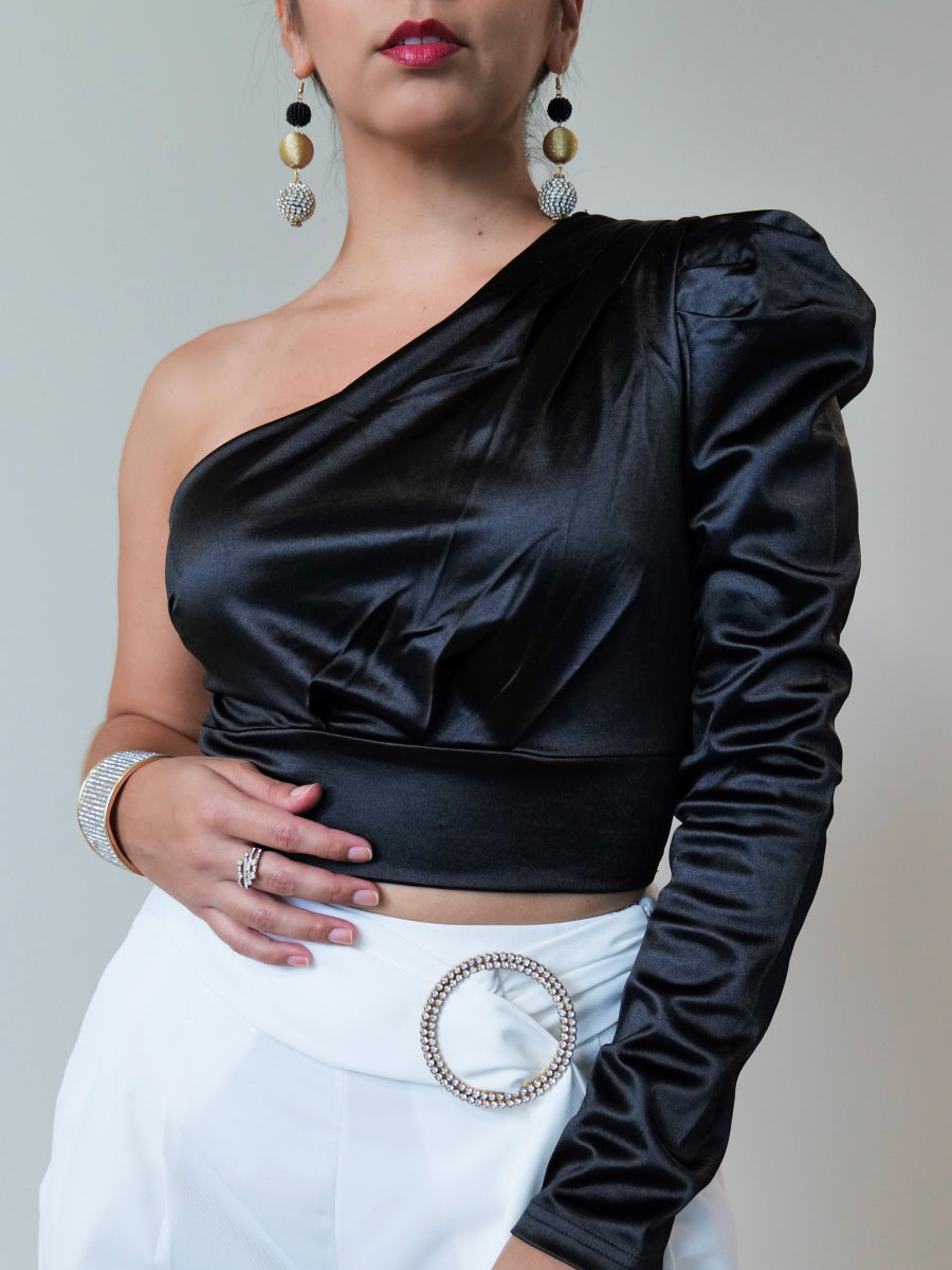 Black Formal Crop Top/One Sleeve Crop Top/Black Satin Crop Top - Complete View